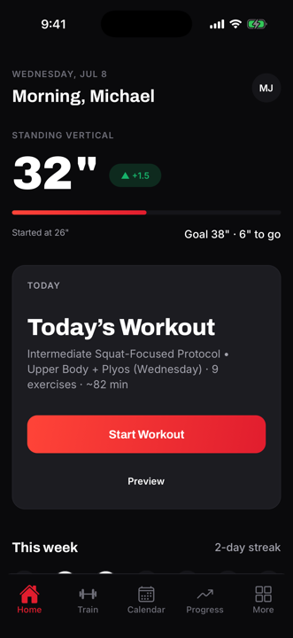 Home dashboard with active program progress