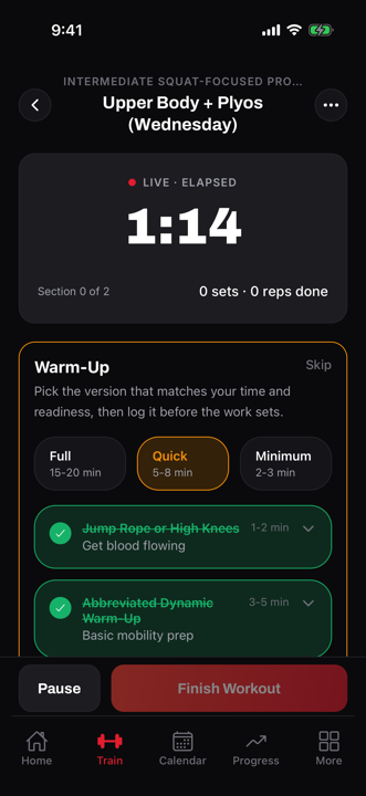Live workout session with set tracking